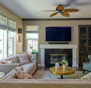 Fremont home family room with custom built-ins and furnishings